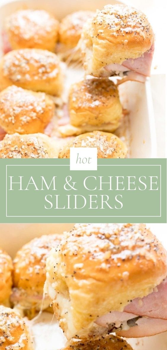 In a white baking dish, there are several hot hama nd cheese sliders.