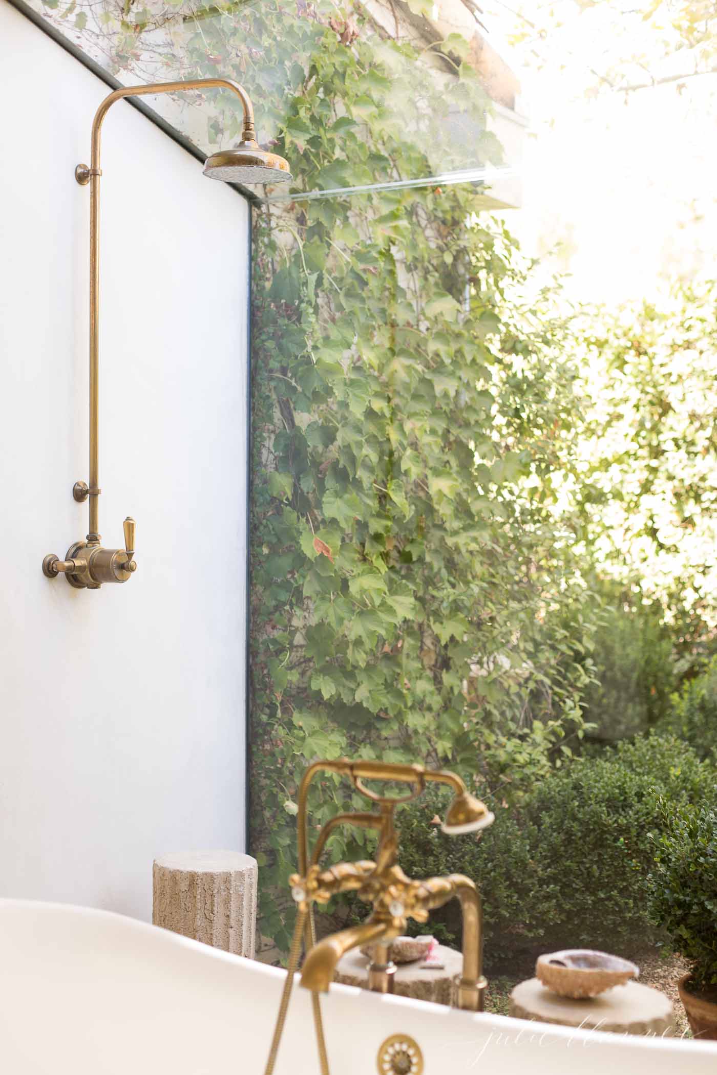 A glass enclosed shower with a brass shower head and bathtub faucet, feels as though its in the garden beyond.