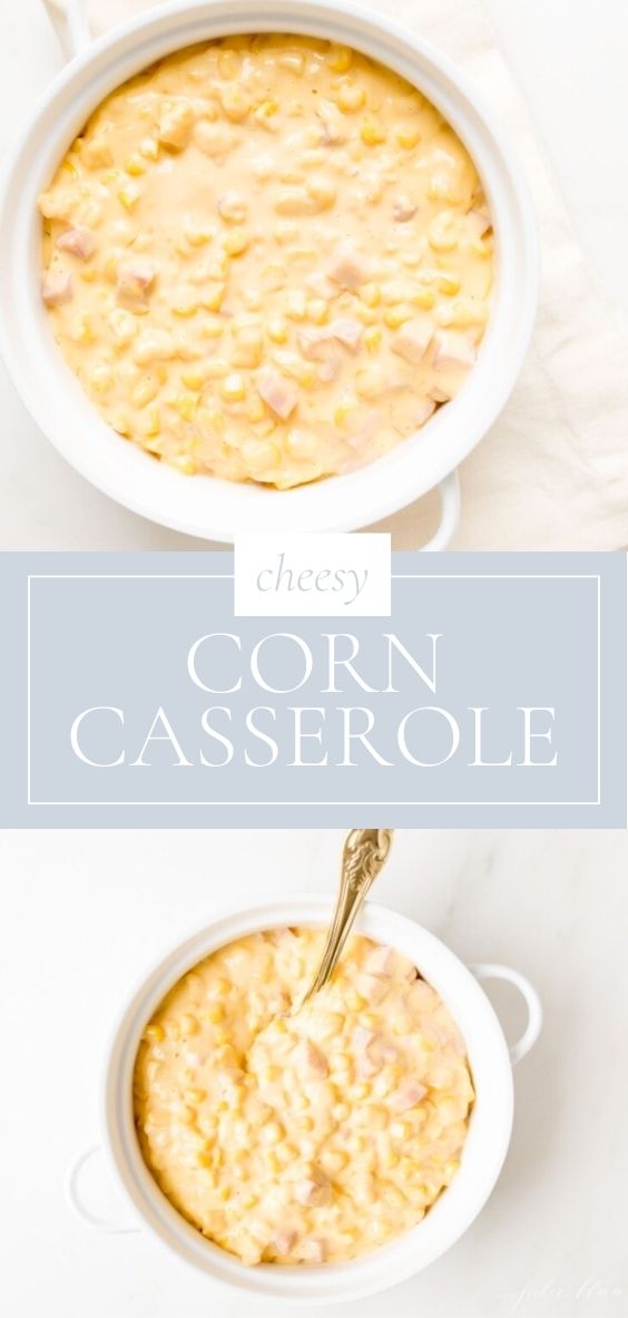 Creamy and Cheesy Corn Casserole is pictured in a white baking dish on a marble surface.