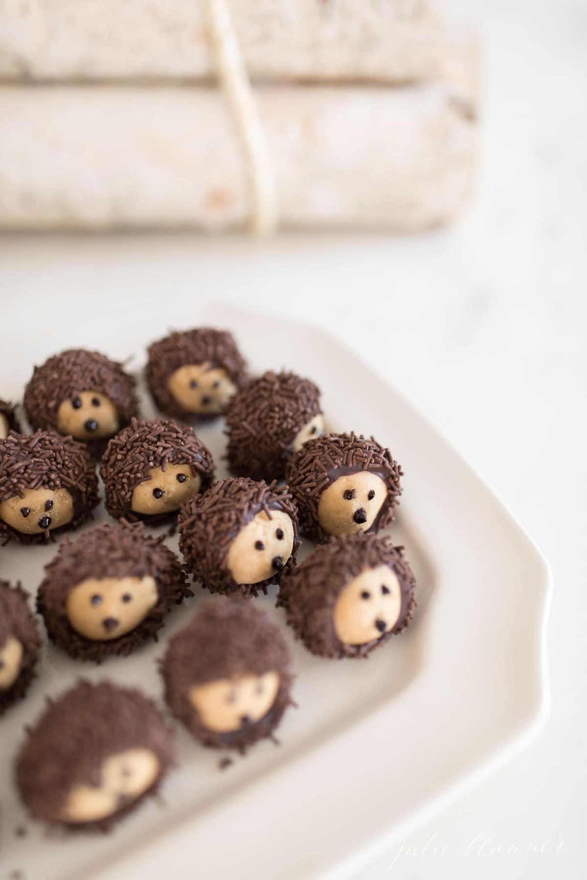 Chocolate Peanut Butter Balls decorated like hedgehogs