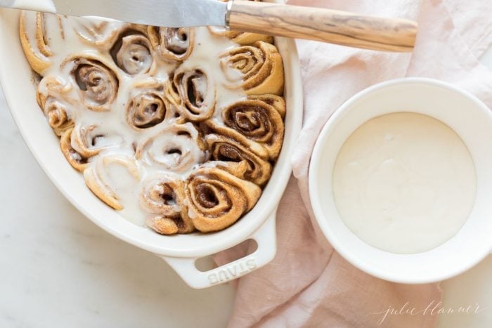 cinnamon roll icing in a bowl