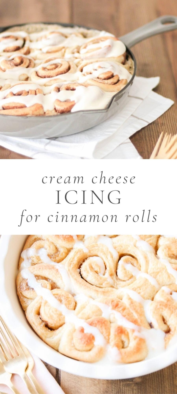 cream cheese icing on top of cinnamon rolls in pan and napkin