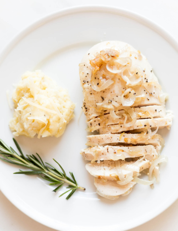chicken with garlic sauce on a plate