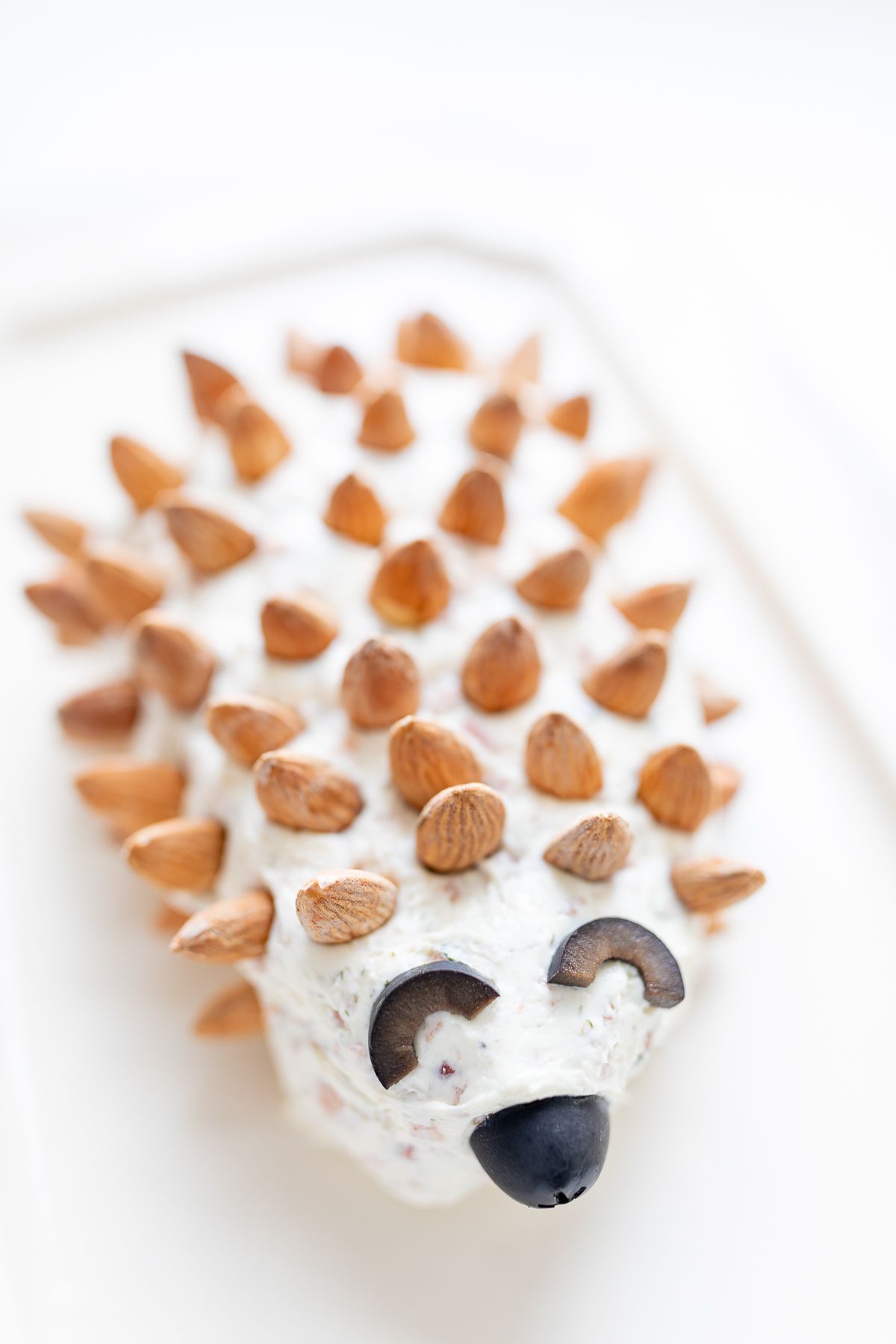 A hedgehog cheese ball on a white plate.