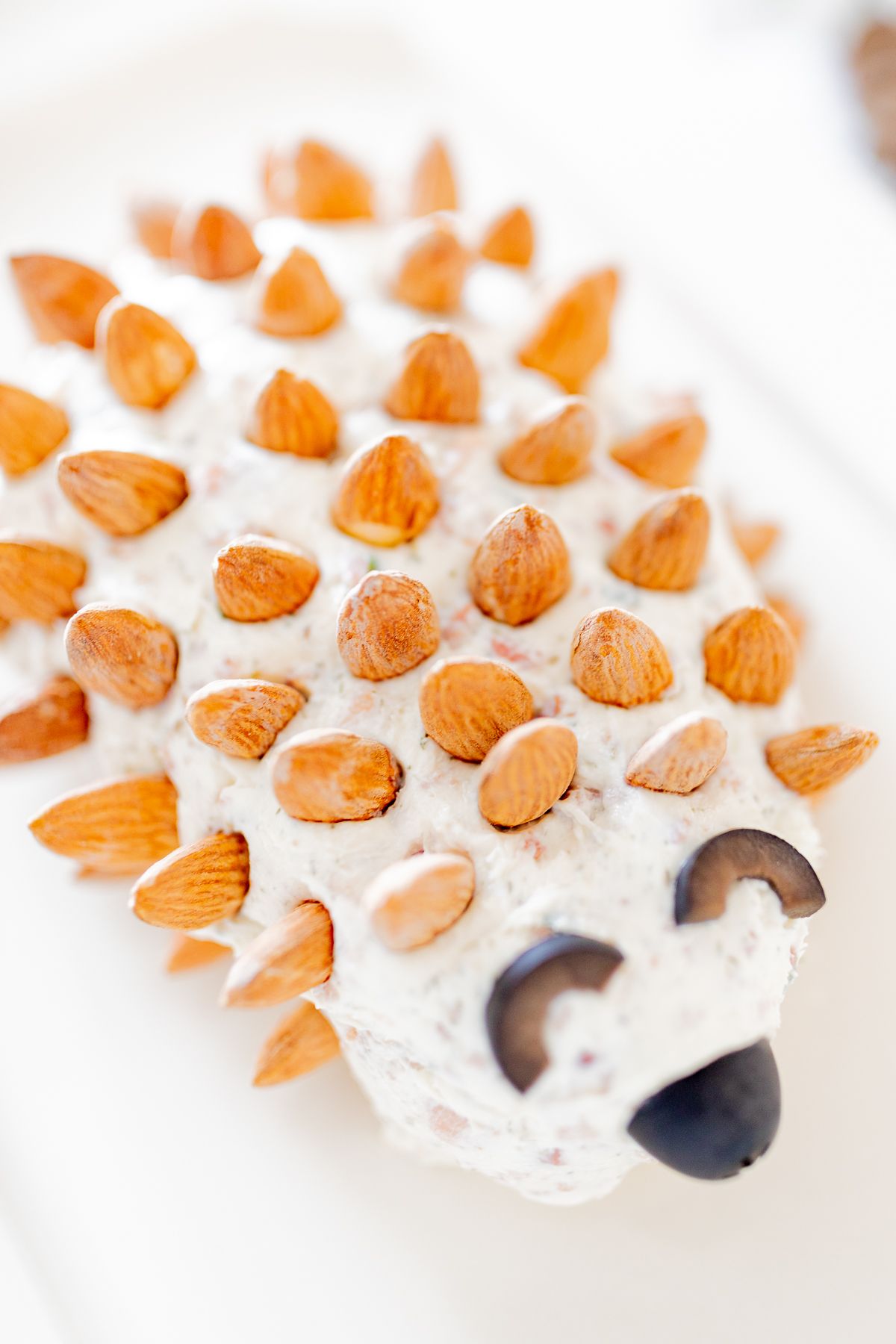 A hedgehog cheese ball on a white plate.