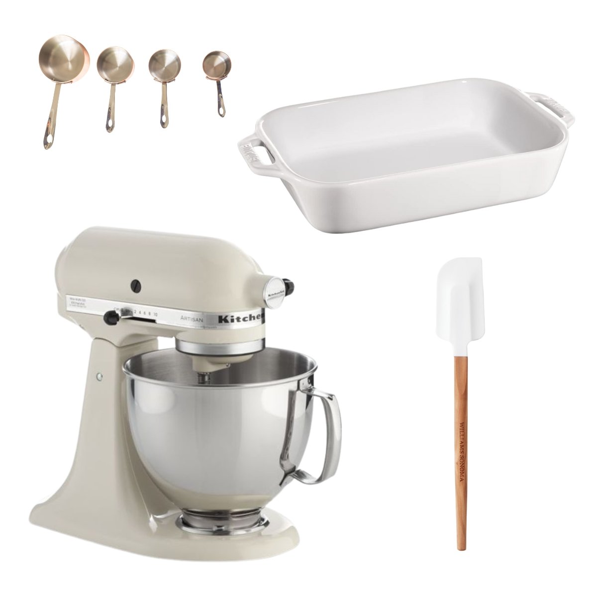 A kitchenaid mixer, bowls, spoons, and utensils.