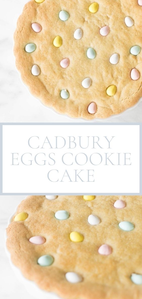 A Cadbury Eggs Cookie Cake is pictured on a marble counter top in a white baking dish.