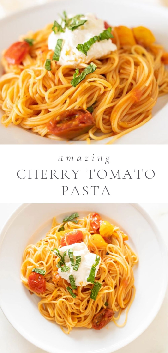 two pictures of cherry tomato pasta in a bowl with garnish