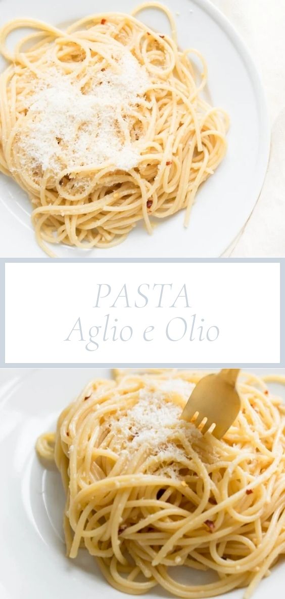 Pasta Aglio e Olio is pictured on a white plate with a golden spoon on top of a marble counter top.