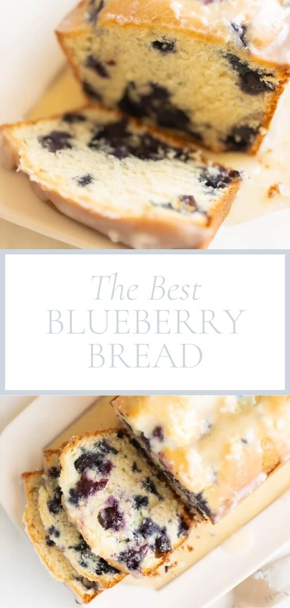Blueberry Bread is pictured with a slice in a white platter on a marble counter.
