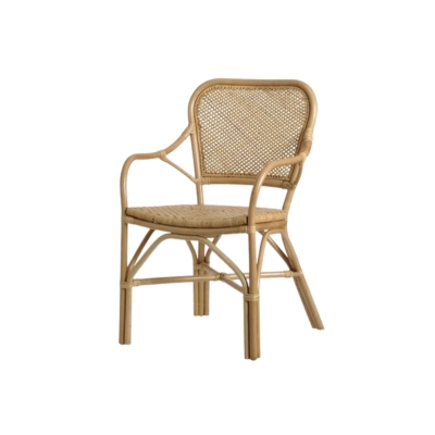 a rattan dining chair with curved arms