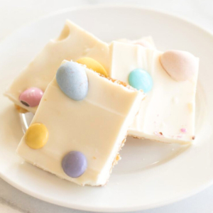 Easter toffee decorated with candy eggs