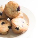 closeup of blueberry muffins with crunchy top