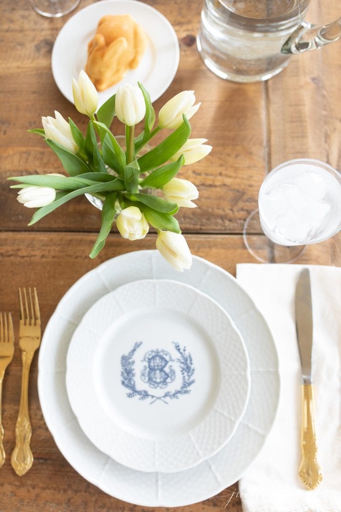 tulips monogrammed plates spring table