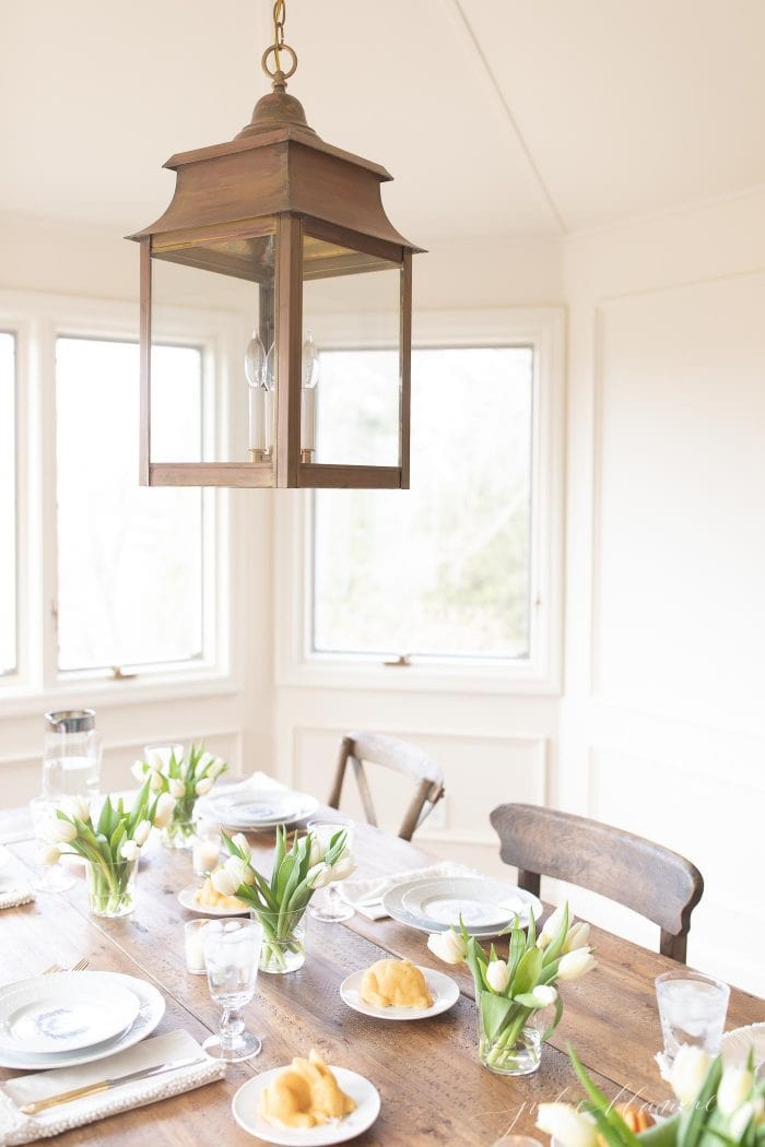 tulip centerpiece on table