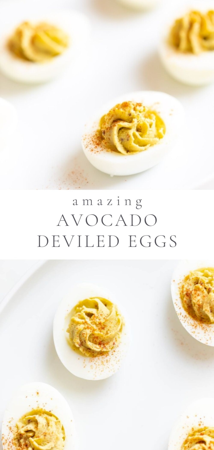 Amazing avocado deviled eggs are displayed on a white tray and a white counter.
