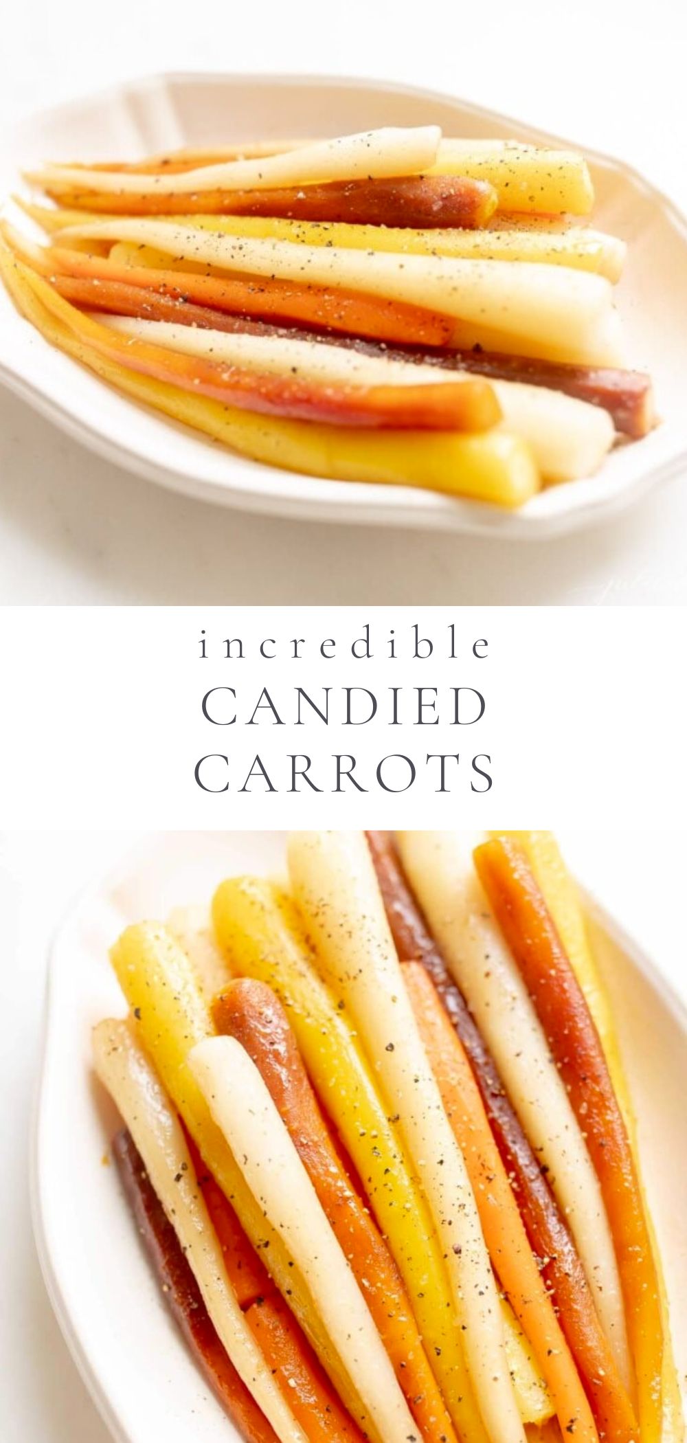 Colorful candied carrots are displayed on a white serving dish