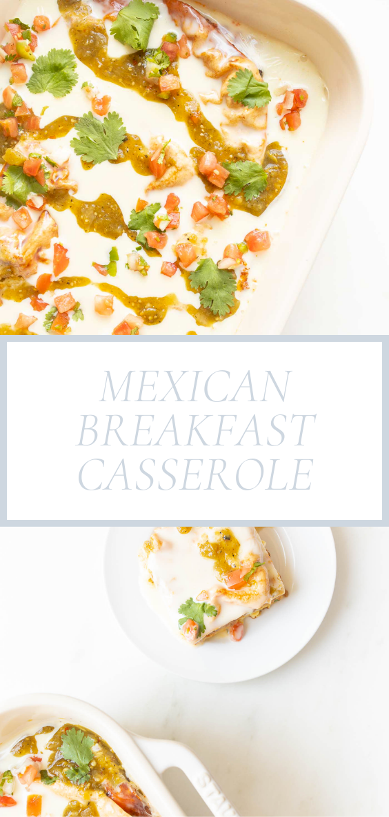 Mexican Breakfast Casserole is pictured on a marble counter top in a white baking dish next to a white plate holding a slice of mexican breakfast casserole.