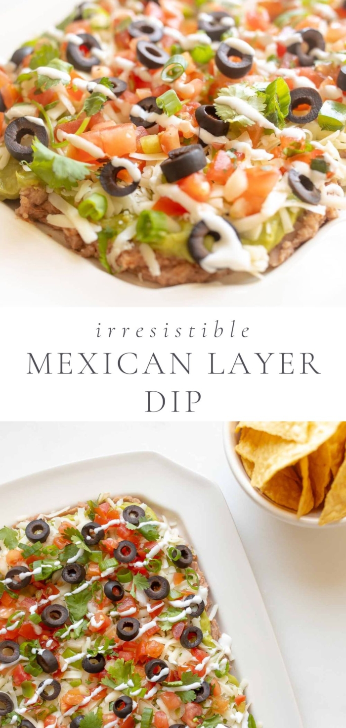 two pictures of Mexican layer dip on a platter