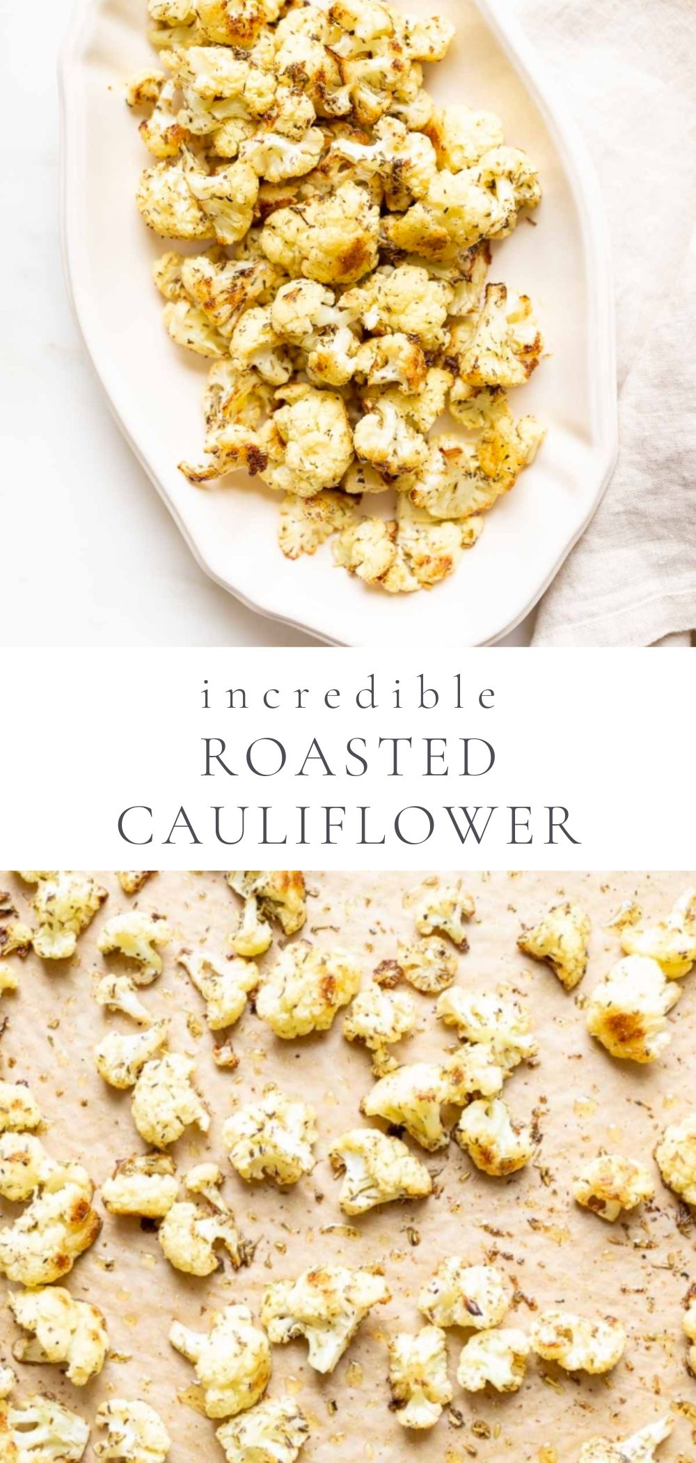 An oval white platter and a coking sheet, filled with roasted cauliflower that is crispy and browned at the edges.