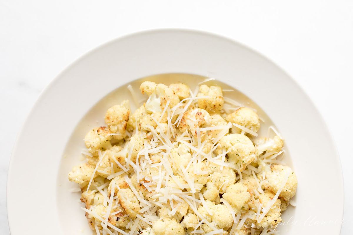 roasted cauliflower in a serving bowl