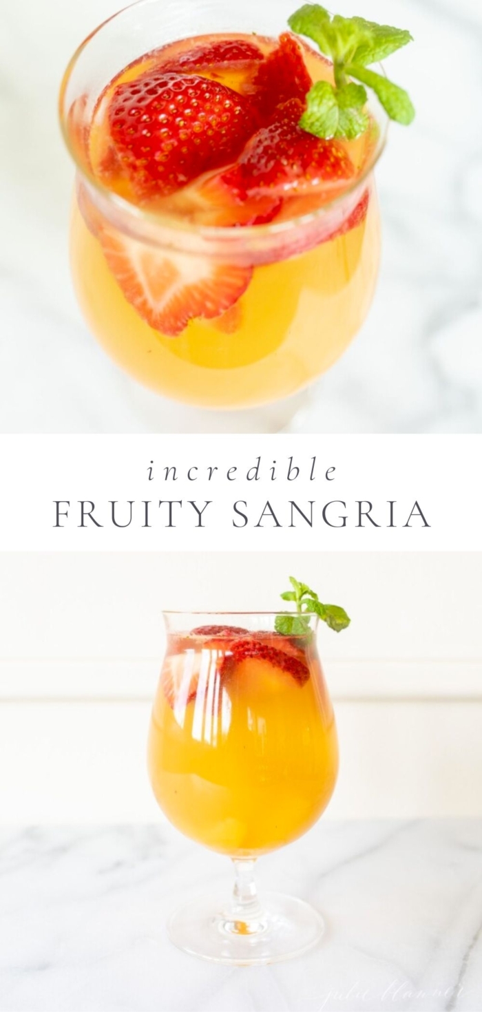 2 glasses of summer sangria on a marble counter