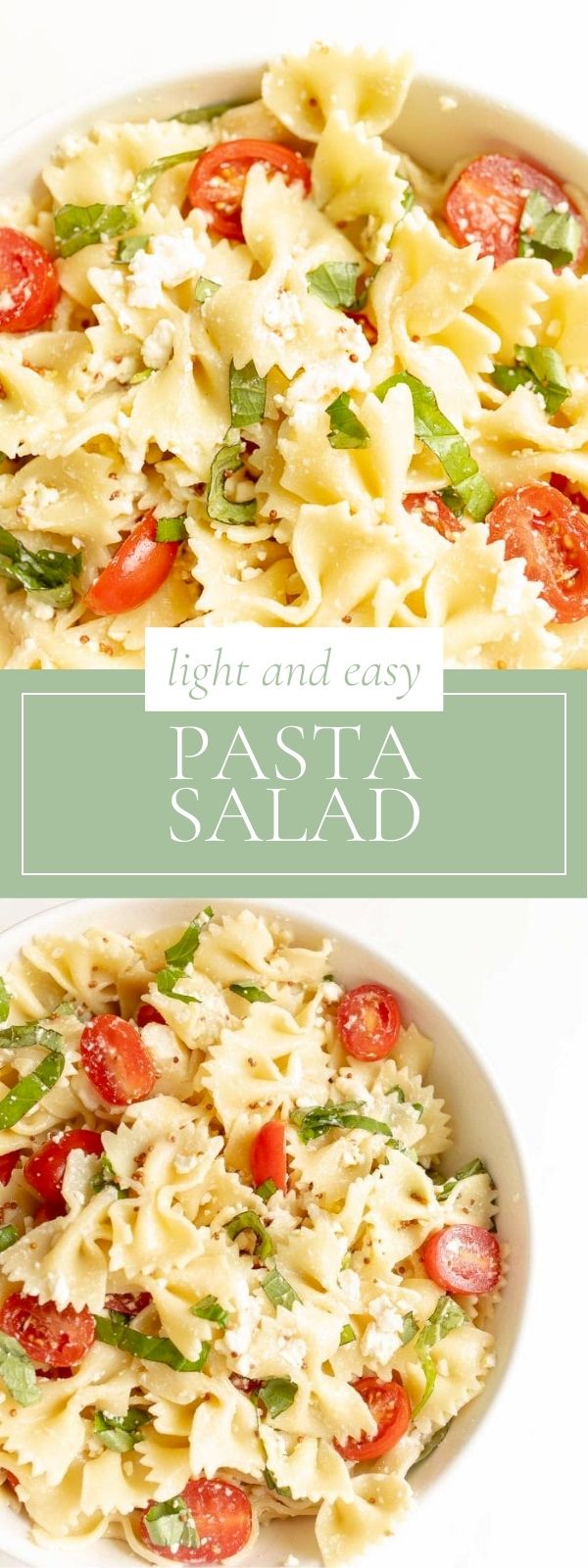 On a marble counter there is a round white bowl of light and easy pasta salad.