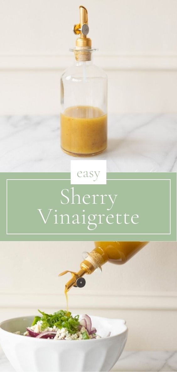 Sherry Vinaigrette is pictured in a glass bottle with gold hardware on a marble counter and pouring atop a salad in a white bowl.