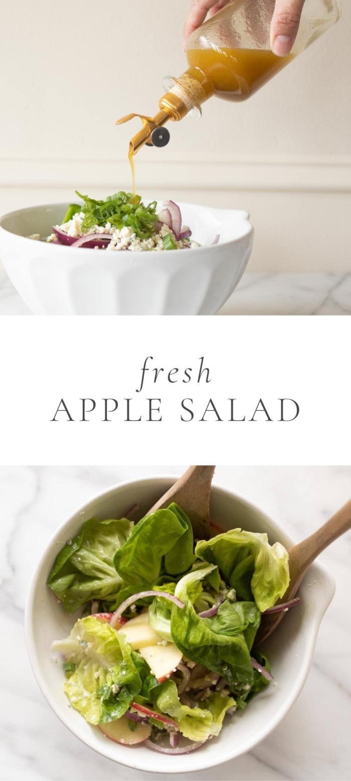 apple salad and vinaigrette in white bowl
