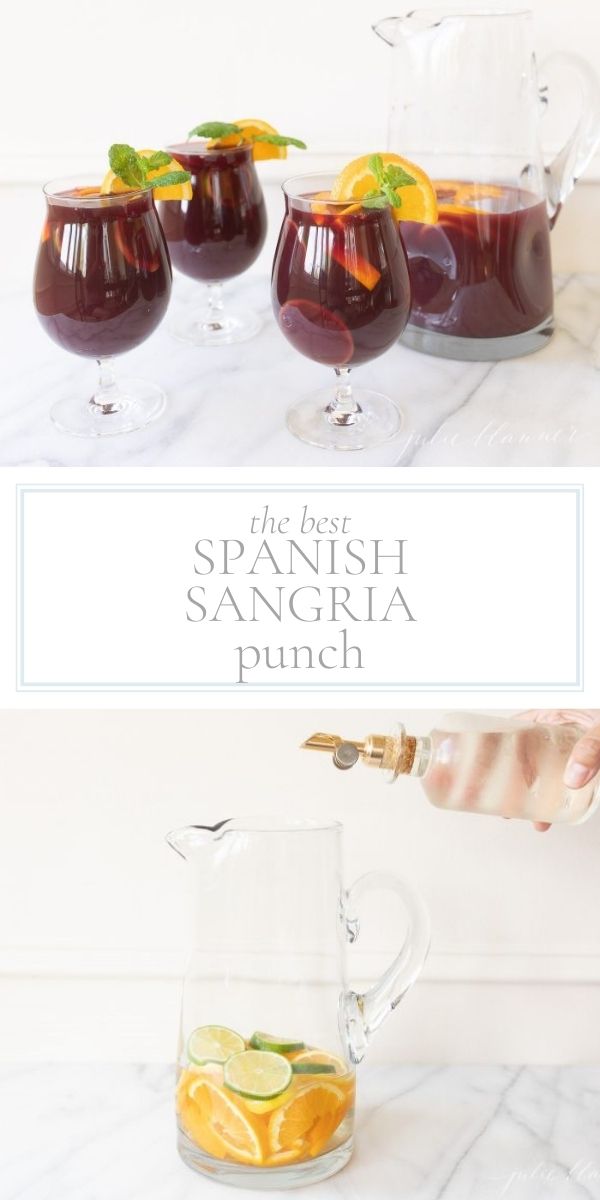 Top photo of punch is three glasses and a glass pitcher of sangria punch. Bottom photo is a glass pitcher being filled with ingredient for sangria punch