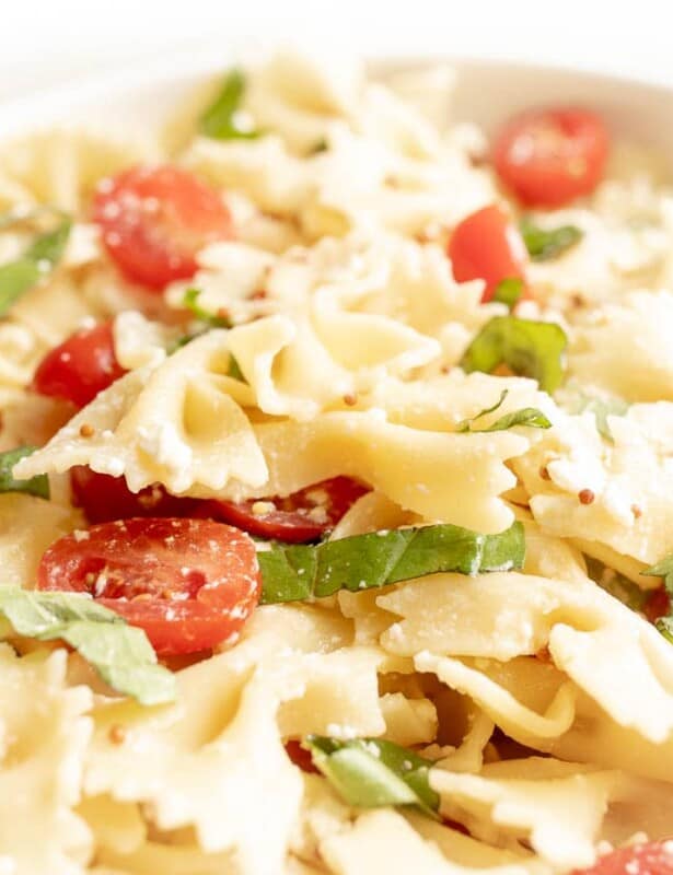 A bow tie pasta salad tossed with basil, cherry tomatoes and a light pasta salad dressing.