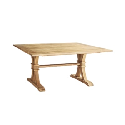 A teak dining table with two legs on a white background.