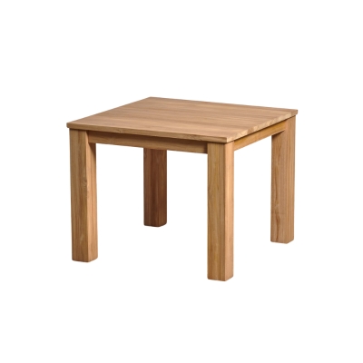 A teak dining table on a white background.