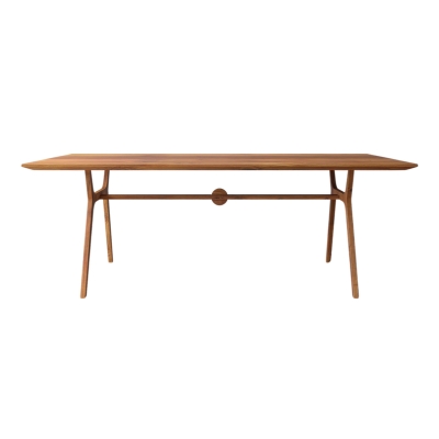 A teak dining table with a wooden top.