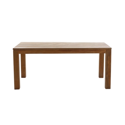 A wooden teak dining table on a white background.