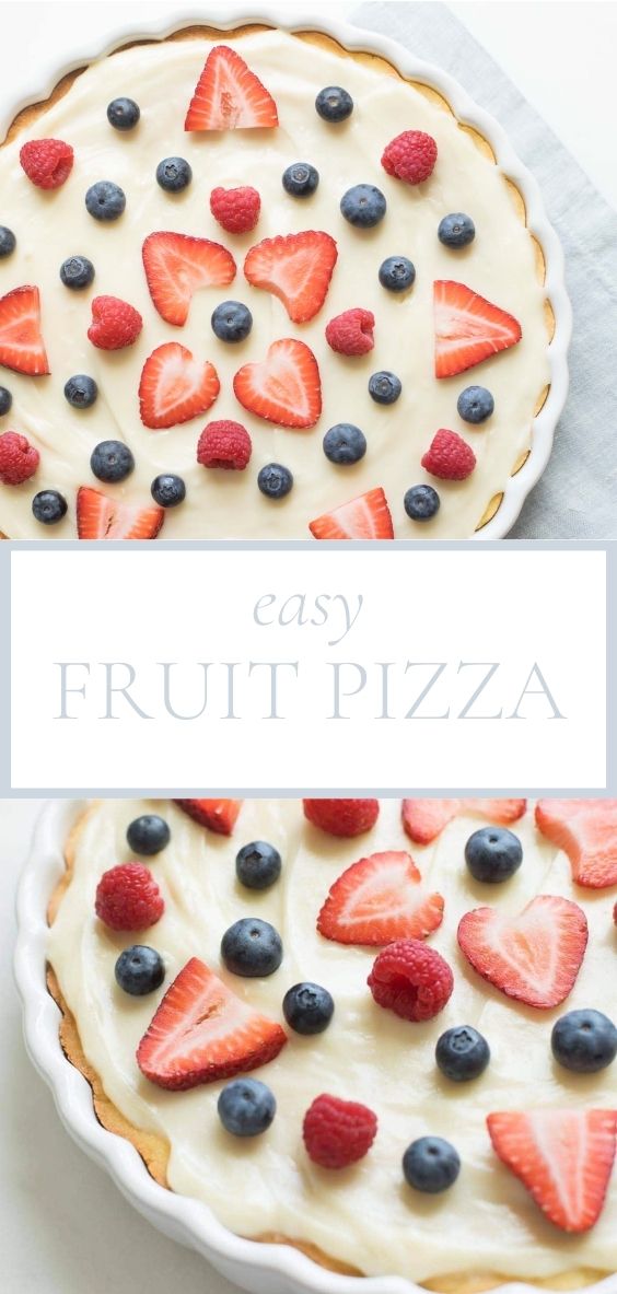 FRUIT PIZZA is pictured in a white baking dish on a marble counter.