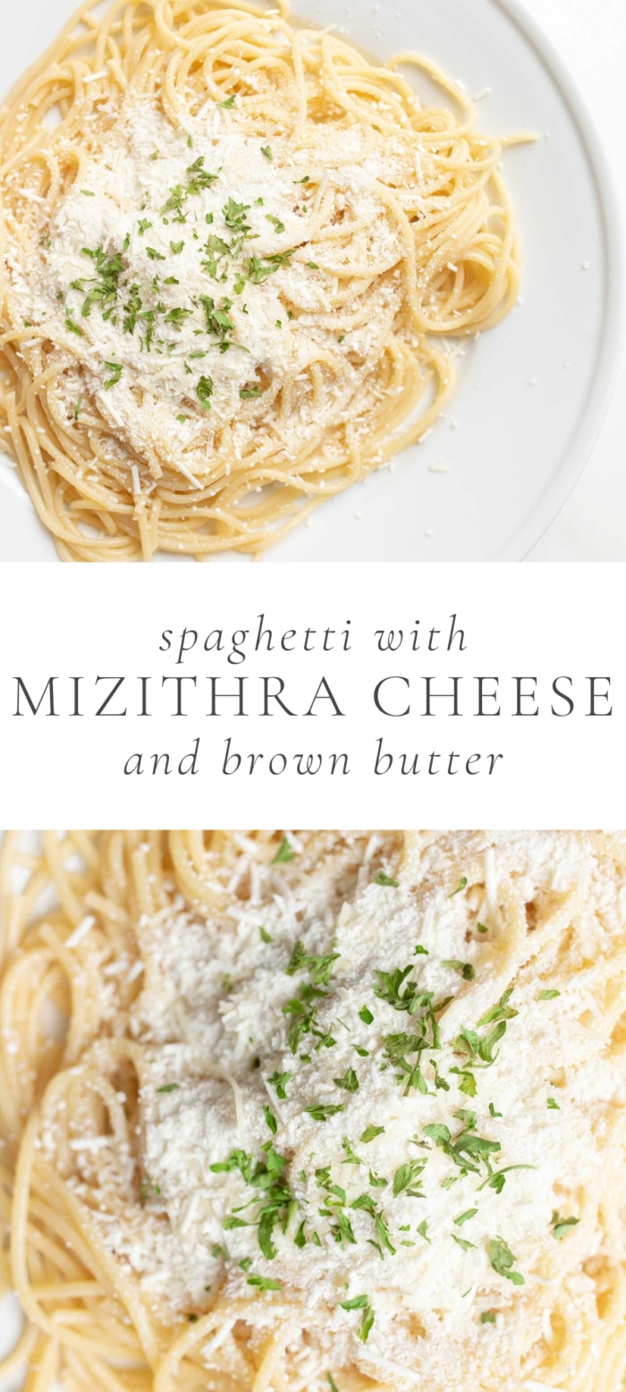 Spaghetti With Mizithra Cheese And Browned Butter in white plate images and caption "Spaghetti With Mizithra Cheese And Browned Butter"