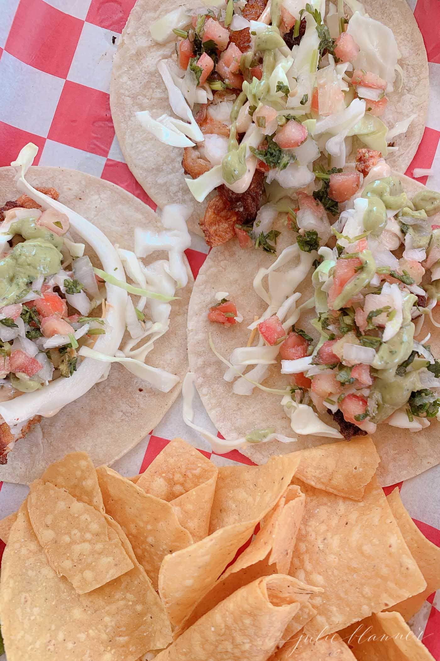 3 shrimp tacos and tortilla chips