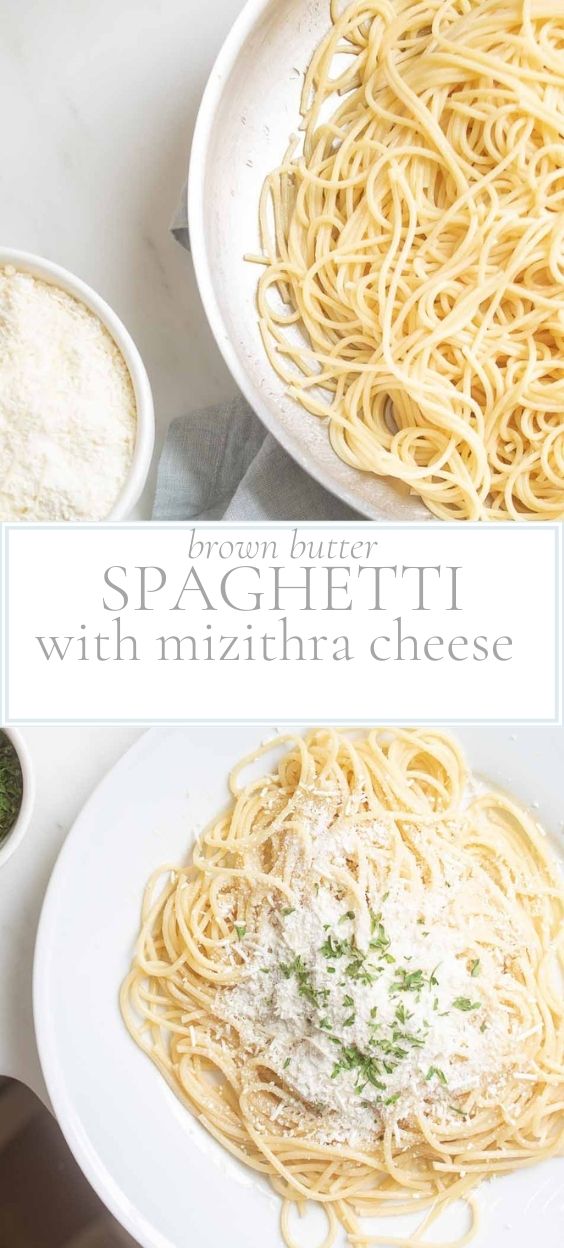 White plate of plain spaghetti. White bowl of grated white cheese. White plate of mizitrha brown butter spaghetti.