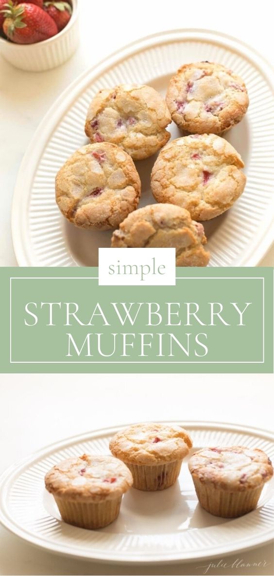 Strawberry Muffins are pictured on a white platter next to fresh strawberries.