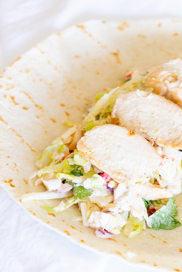 A chicken wrap recipe before it gets wrapped up.