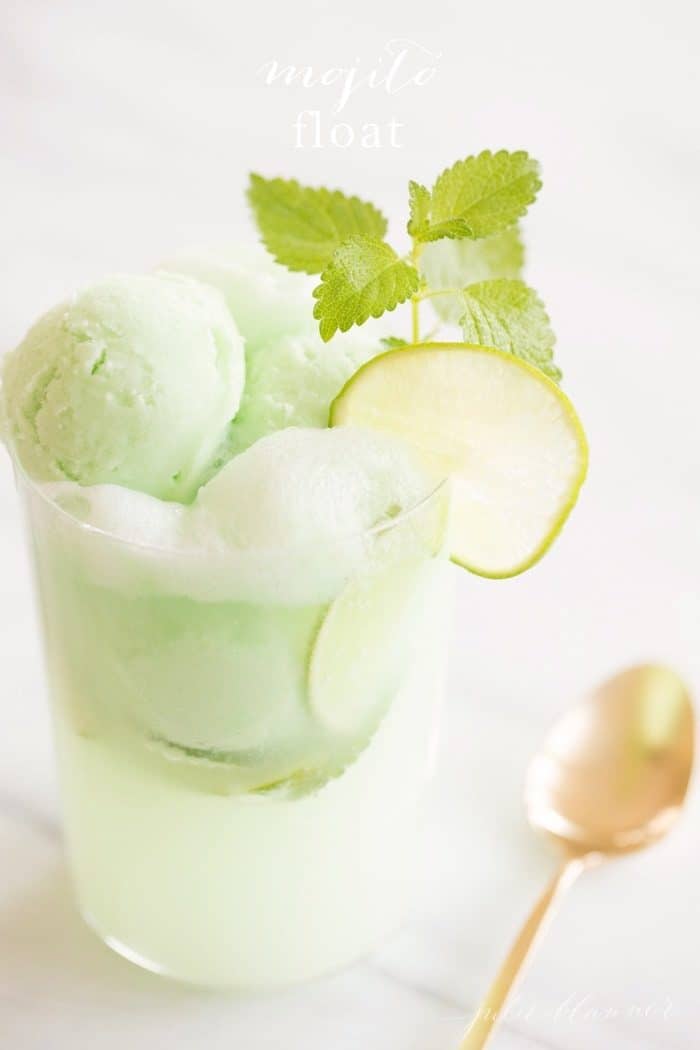 mojito float garnished with lime and mint