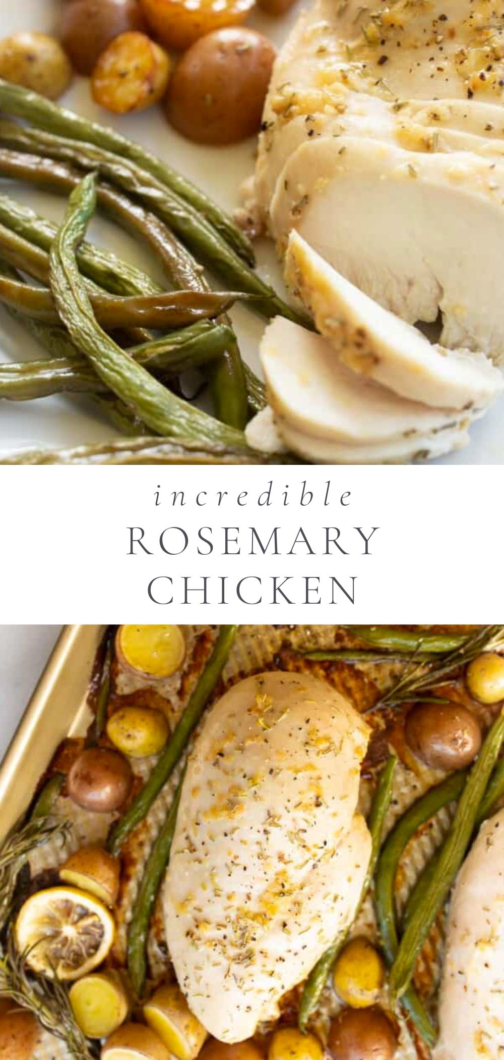 Two photos where one has a white plate and the other has a Gold sheetpan filled with baked chicken and veggies such as green beans, baby potatoes and lemon slices.