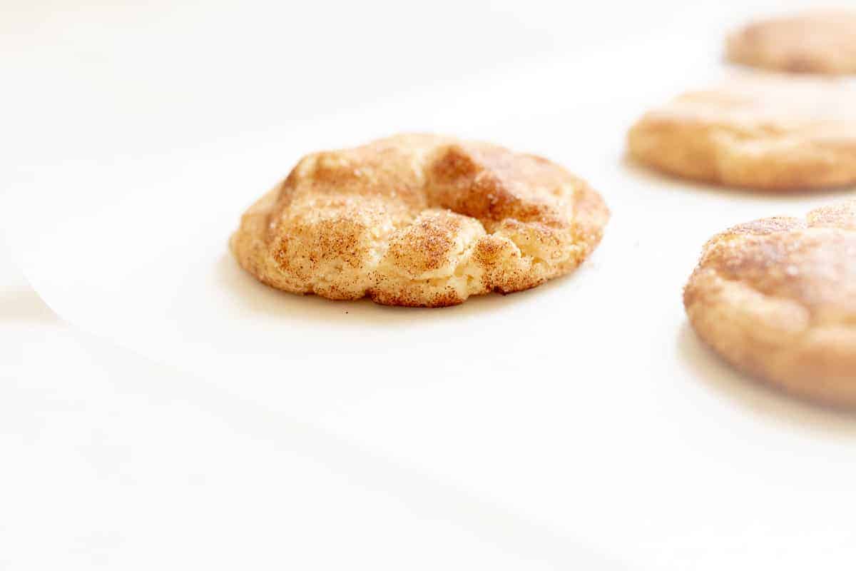 A snickerdoodle cookie on a white surface. 