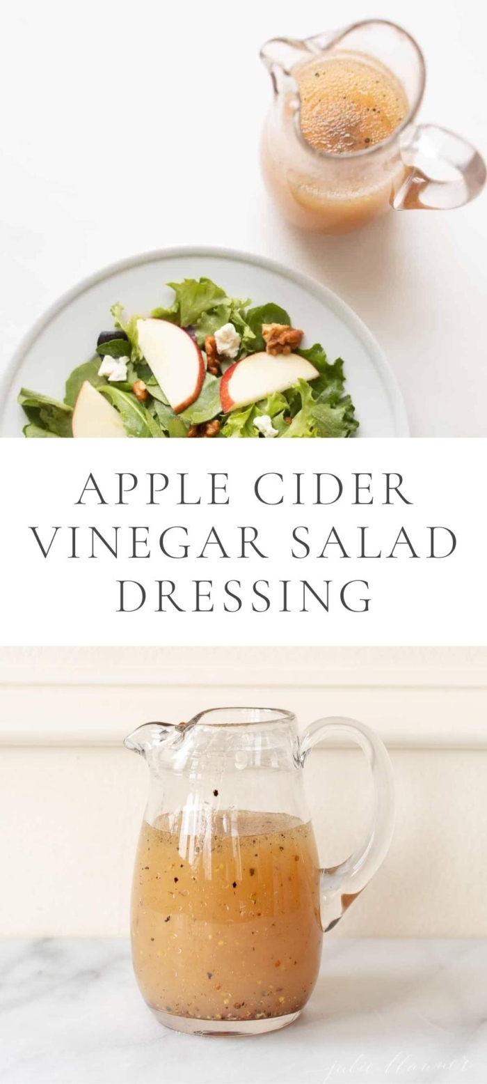 apple cider vinegar salad dressing next to plate of salad