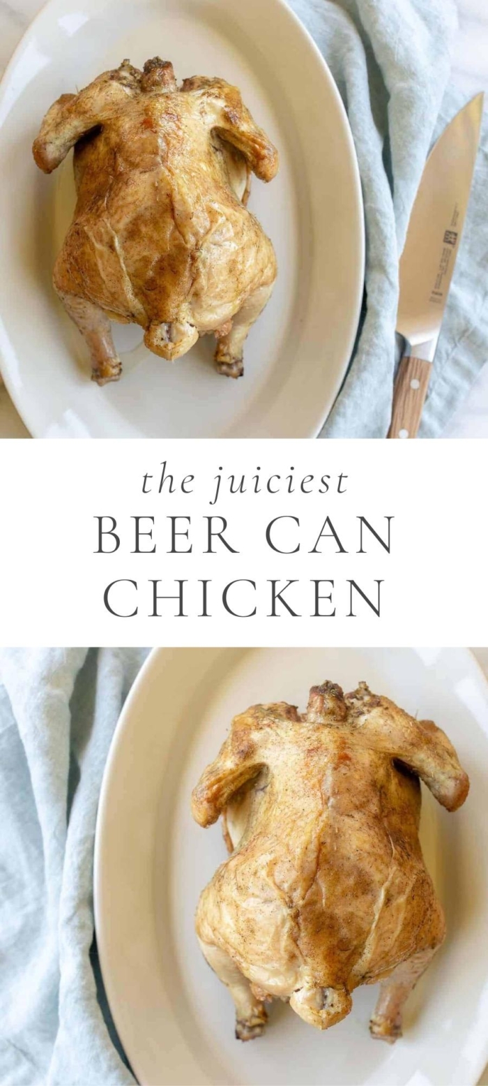 beer can chicken on plate next to blue napkin
