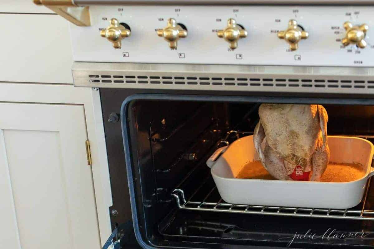 Looking inside range at a beer can chicken in the oven, inside a white roasting pan. #beerchicken #beercanchickeninoven