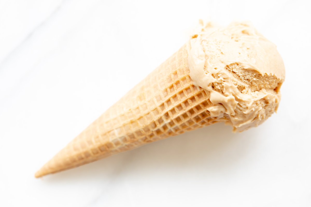 No churn cookie butter ice cream in a waffle cone.
