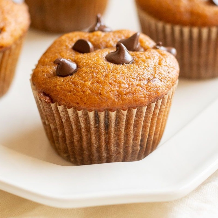 A pumpkin chocolate chip muffin on a white plate.