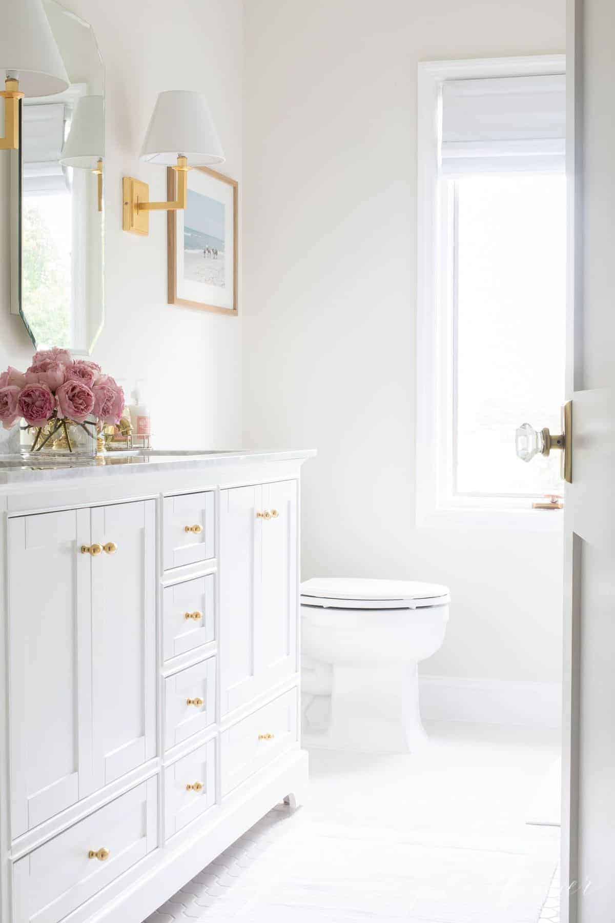 Peaking into a white bathroom past a door that's ajar. #spatub #airtub #showerniche